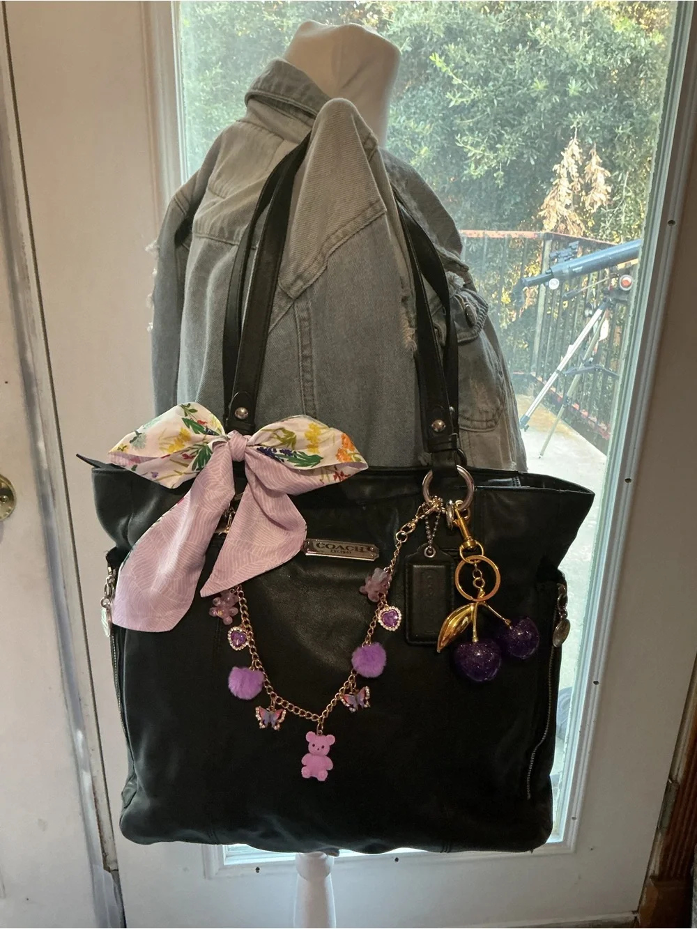 Coach Black Leather Tote with Purple Charm Details